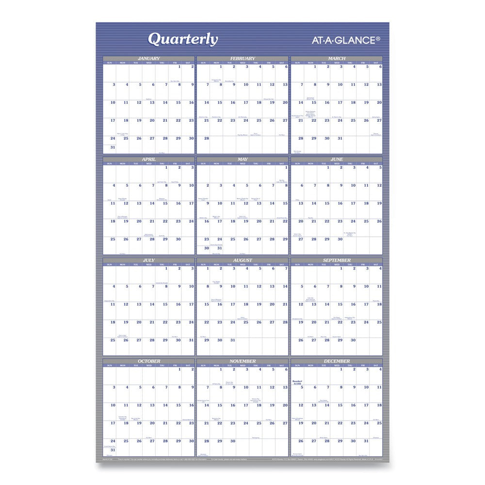 AT-A-GLANCE 12-Month: Jan 2026 to Dec 2026 24 in. x 36 in. Vertical/Horizontal Erasable Quarterly/Monthly Wall Planner - White/Blue Sheets