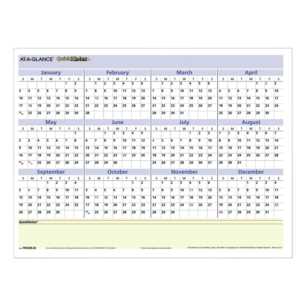 AT-A-GLANCE 12 Month: Jan 2026 to Dec 2026 16 in. x 12 in. QuickNotes Mini Erasable Wall Planner - White/Blue/Yellow Sheets