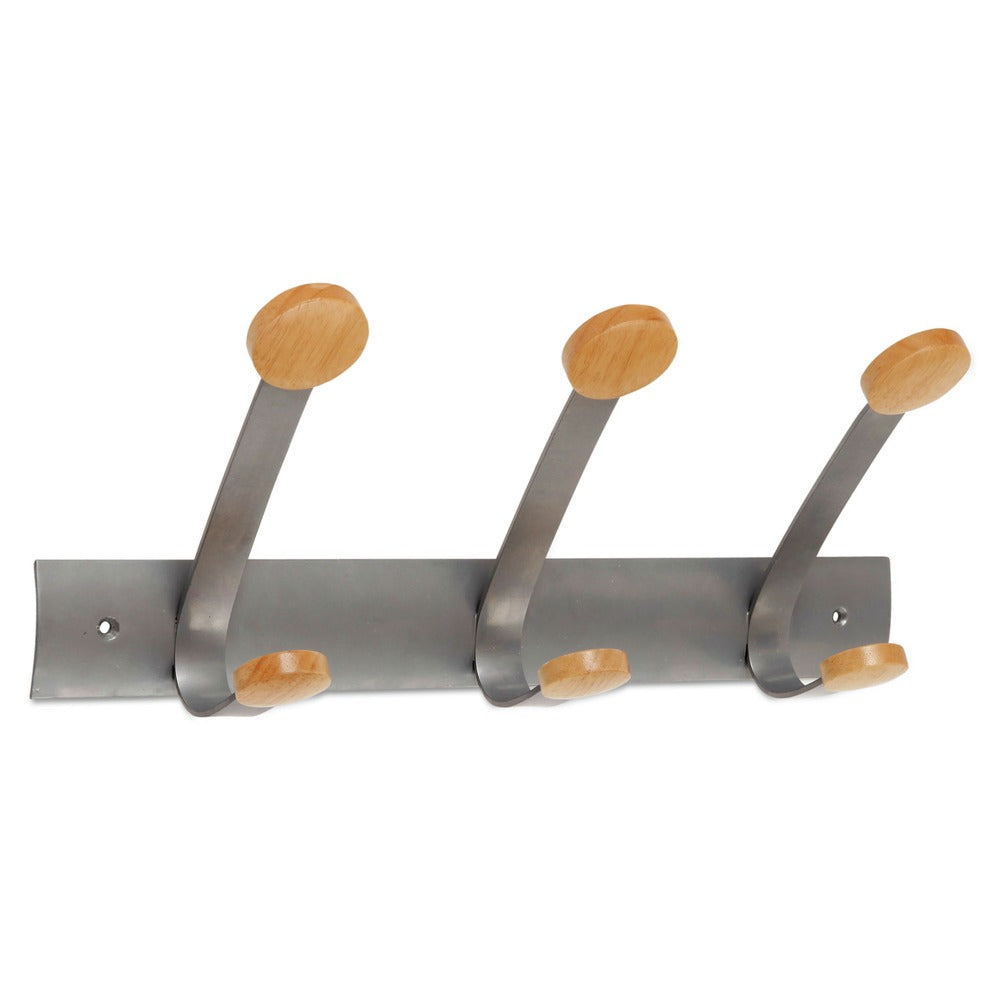 Alba 45 lb Capacity 3-Peg Wooden Coat Hook Wall Rack - Brown/Silver