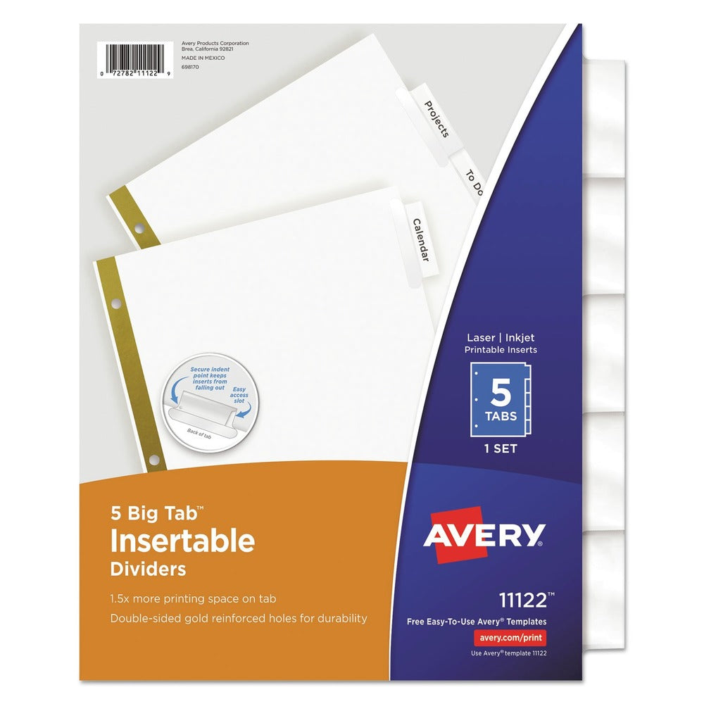 Avery Big Tab 11 in. x 8.5 in. 5-Tab Double-Sided Gold Edge Reinforcing Insertable Dividers - Clear Tabs/White (1-Set)