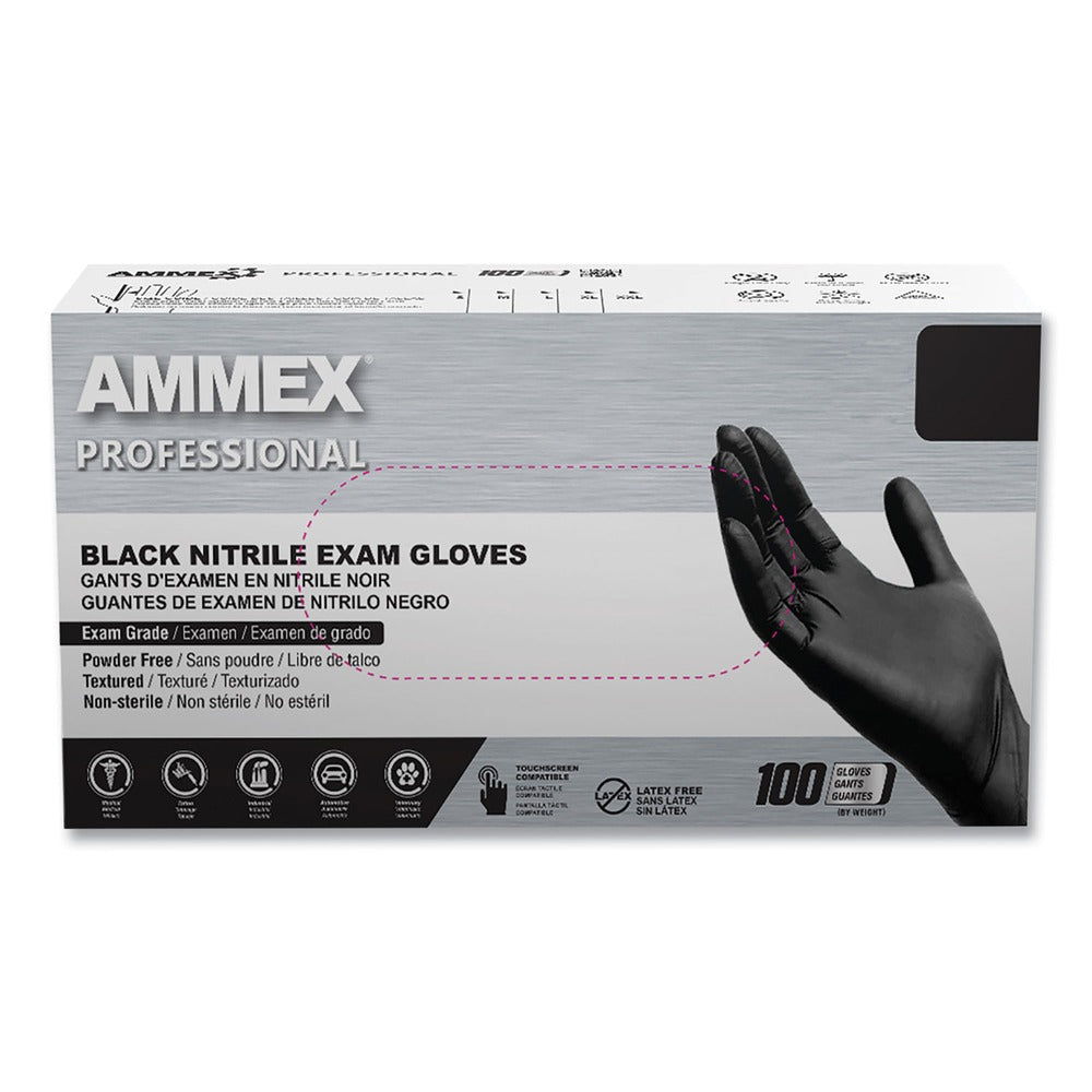Ammex ABNPF42100 Nitrile Exam Gloves, Powder-Free, 3 mil, Small, Black, 100/Box, 10 Boxes/Carton