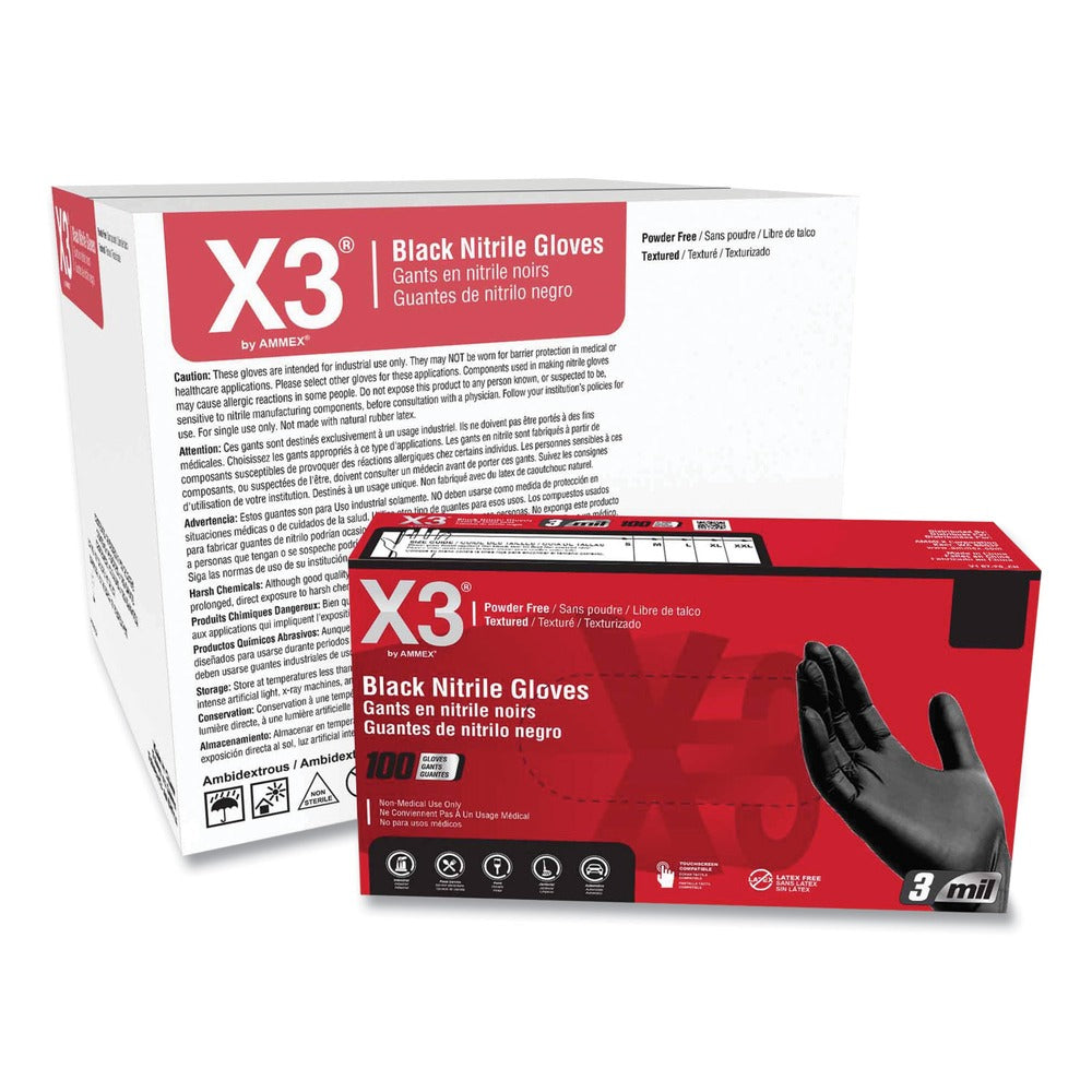 Ammex 9.5 in. Long 3 mil Powder-Free Industrial Nitrile Gloves - X-Large/Black (1000/Carton)