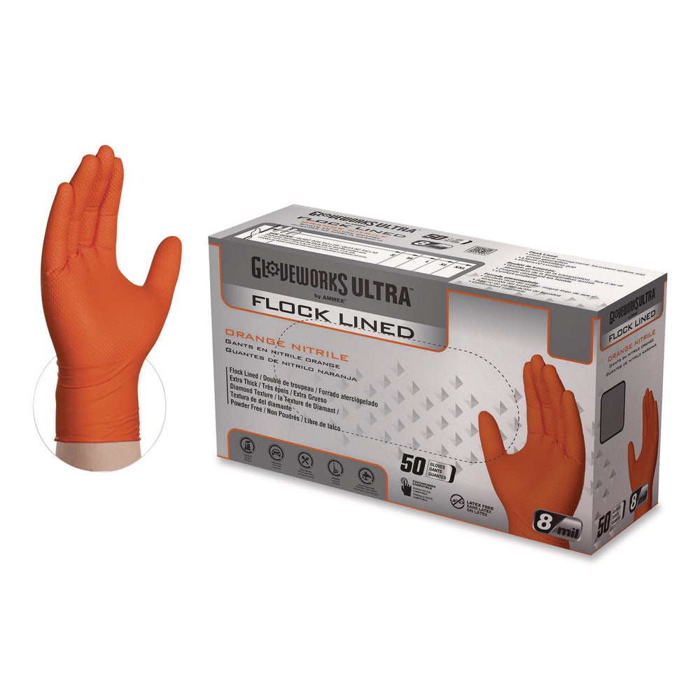 Ammex GWUOFN44050 9.06 in. 6 mil Ultra Industrial Flock-Lined Nitrile Disposable Gloves - Orange/Medium (500/Carton)