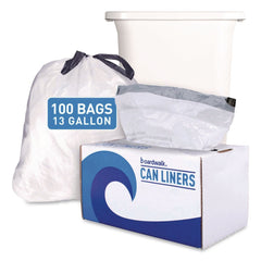 Boardwalk BWK1DK100 13 Gallon 24 in. x 28 in. Drawstring Kitchen Bags - White (50 Bags/Roll, 2 Rolls/Carton)