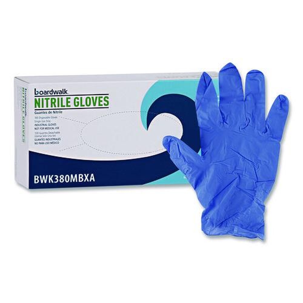 Boardwalk 380 Series 4 mil Thick 9.5 in. Long Powder-Free Disposable General-Purpose Nitrile Gloves - Medium, Blue (100/Box)