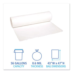 Boardwalk H8647HWKR01 43 in. x 47 in. 56 gal. 0.6 mil Low-Density Waste Can Liners - White (100/Carton)