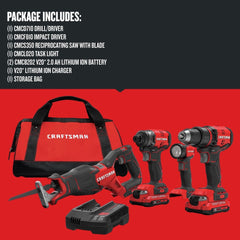 Craftsman V20 Brushless Lithium-Ion Cordless 4-Tool Combo Kit with 2 Batteries (2 Ah)