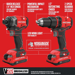 Craftsman V20 Brushless Lithium-Ion Cordless 4-Tool Combo Kit with 2 Batteries (2 Ah)