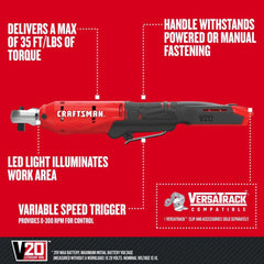 Factory Reconditioned Craftsman V20 Brushed Lithium-Ion 3/8 in. Cordless Drive Ratchet (Tool Only)