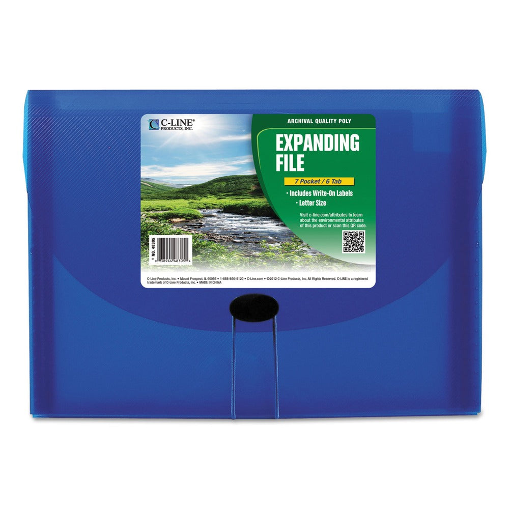 C-Line 1.63 in. Expansion 7 Sections Cord/Hook Closure 1/6-Cut Tabs Letter Size Expanding Files - Blue