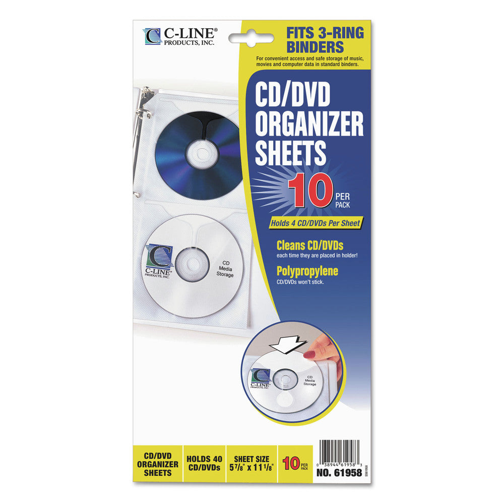 C-Line 4-Disc Capacity Deluxe CD Ring Binder Storage Pages - Clear/White (10/Pack)