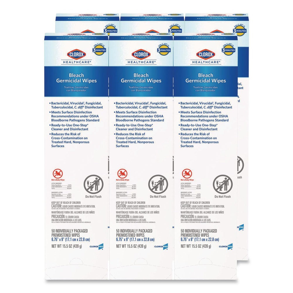 Clorox Healthcare 6.75 in. x 9 in. 1-Ply Individual Bleach Germicidal Wipes - Unscented White (6/Carton)
