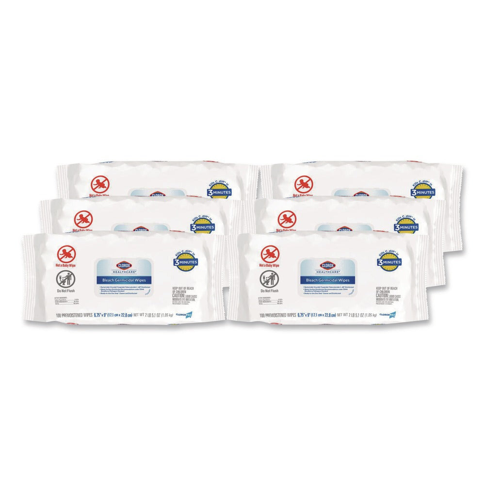 Clorox Healthcare 32621 6.75 in. x 9 in. 1-Ply Bleach Germicidal Disinfectant Wipes - Unscented/White (6/Carton)