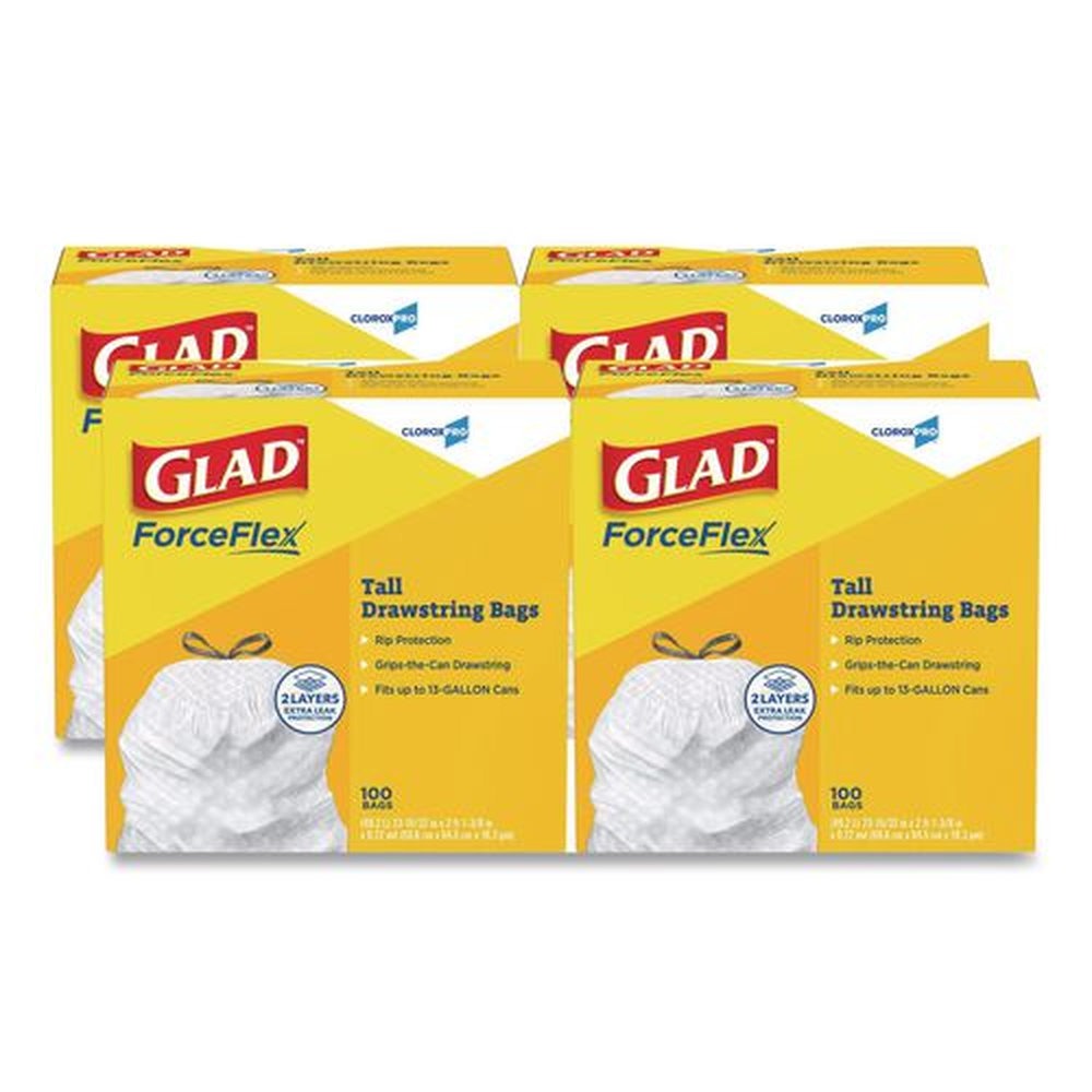 Glad 78526 Tall 13 gal. 24 in. x 27.38 in. Kitchen Drawstring Trash Bags - Gray (100 Bags/Box, 4 Boxes/Carton)