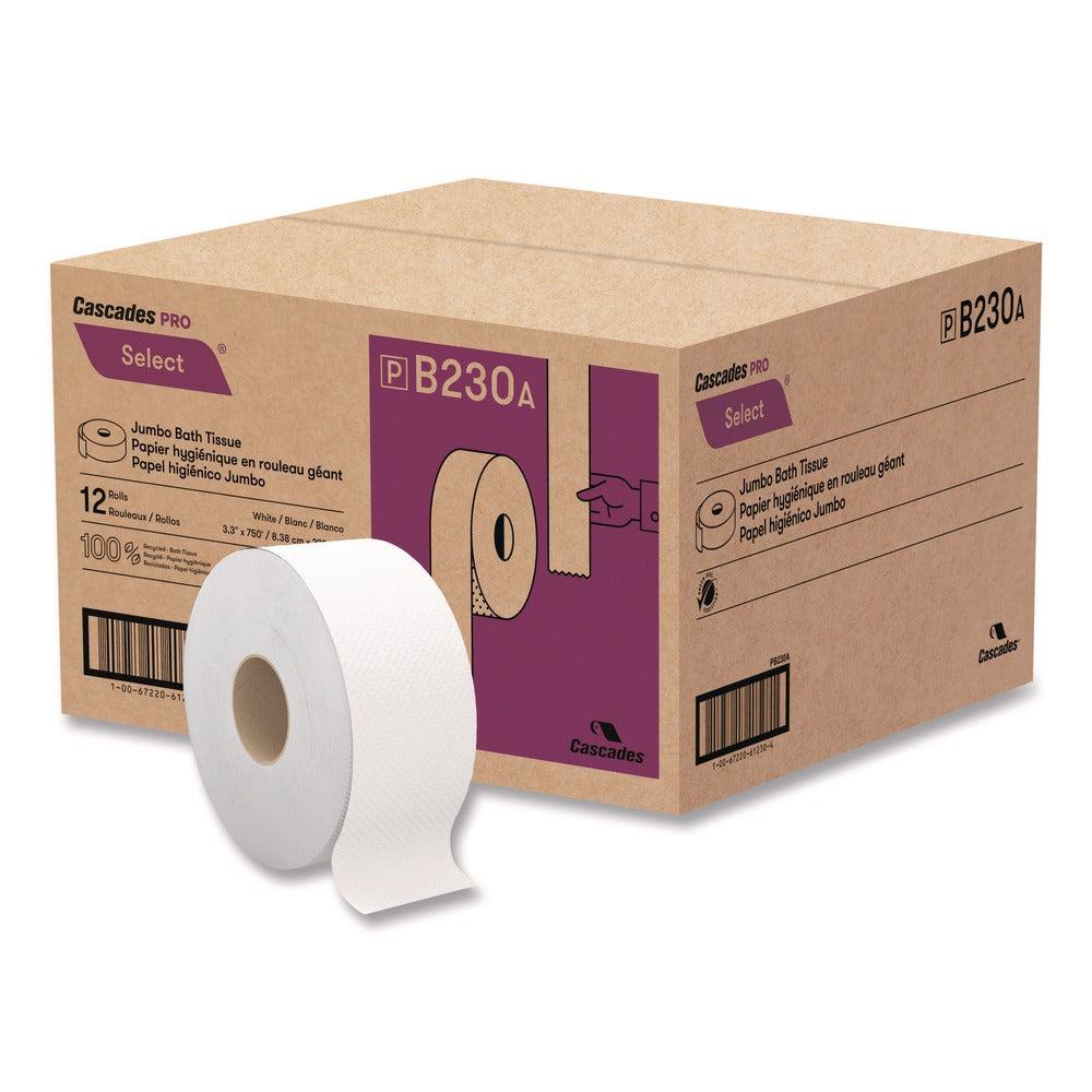 Cascades PRO B230 3.3 in. x 750 ft. 2-Ply Septic Safe Select Jumbo Bath Tissue - White (12/Carton)