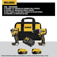 Factory Reconditioned Dewalt 20V MAX Brushless Li-Ion 1/2 in. Cordless Hammer Driver Drill and 1/4 in. Atomic Impact Driver Combo Kit (4 Ah)