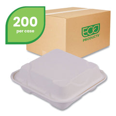 Eco-Products Vanguard 8 in. x 8 in. x 3 in. 3-Compartments Renewable and Compostable Sugarcane Clamshells - White (200/Carton)