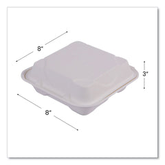 Eco-Products Vanguard 8 in. x 8 in. x 3 in. 3-Compartments Renewable and Compostable Sugarcane Clamshells - White (200/Carton)