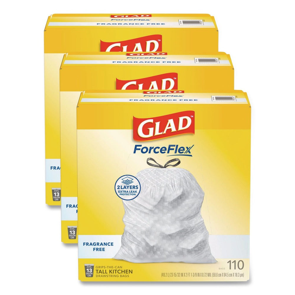 Glad ForceFlex Kitchen Drawstring Trash Bags, Drawstring, 13 gal, Unscented, 23.47 x 25.38, White, 110 Bags/Box, 3 Boxes/Carton