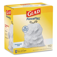 Glad ForceFlex Kitchen Drawstring Trash Bags, Drawstring, 13 gal, Unscented, 23.47 x 25.38, White, 110 Bags/Box, 3 Boxes/Carton