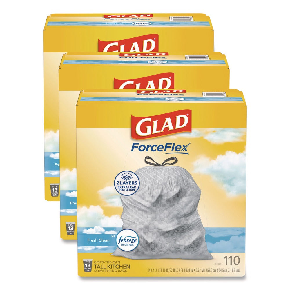 Glad ForceFlex 10.19 in. x 9.81 in. 13-Gal. Tall Kitchen Drawstring Trash Bags - Fresh Clean Scent Gray (3/Carton)