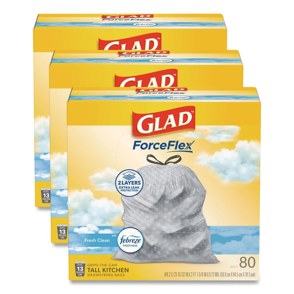 Glad ForceFlex 24 in. x 27.38 in. 13 Gallon Kitchen Drawstring Trash Bags - Fresh Clean Scent/White (240/Carton)
