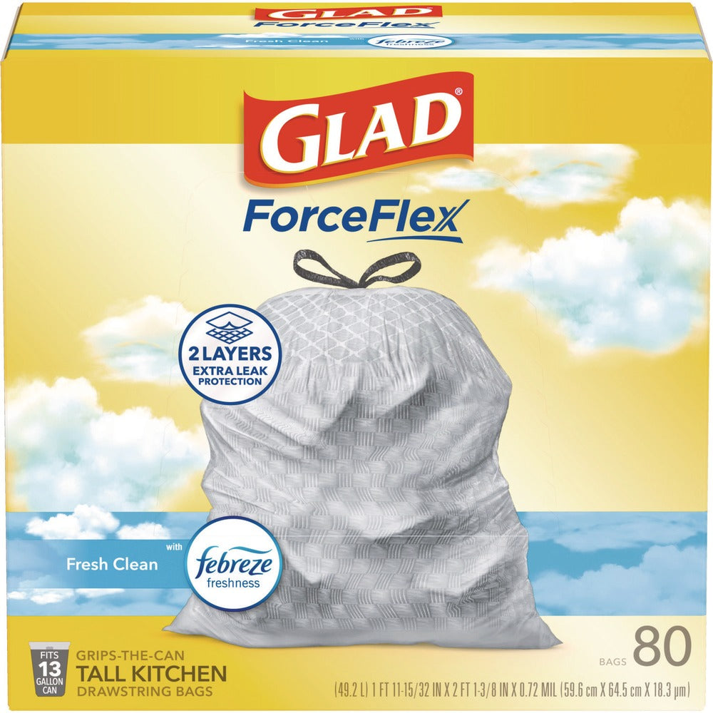 Glad ForceFlex 24 in. x 27.38 in. 13-Gallon Kitchen Drawstring Trash Bags - Gain Fresh Clean Scent White (80/Box)