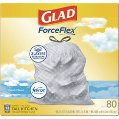 Glad ForceFlex 24 in. x 27.38 in. 13-Gallon Kitchen Drawstring Trash Bags - Gain Fresh Clean Scent White (80/Box)