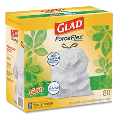 Glad ForceFlex 24 in. x 27.38 in. 13 Gallon Kitchen Drawstring Trash Bags - Gain Original Scent/White (240/Carton)