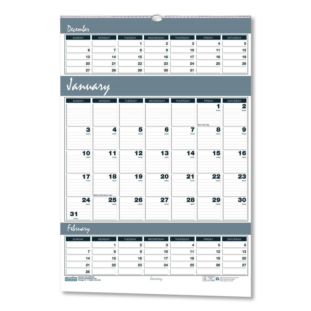 House of Doolittle 14-Month: Dec 2025 to Jan 2027 15.5 in. x 22 in. Bar Harbor Recycled Wirebound 3-Months-Per-Page Wall Calendar - White/Blue/Gray