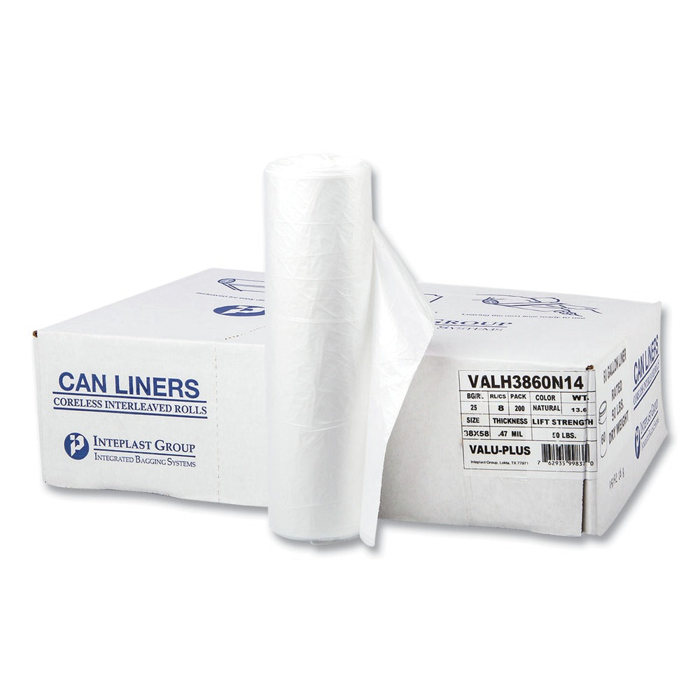 Inteplast Group VALH3860N14 High-Density 60 Gallon 38 in. x 58 in. Commercial Can Liners - Clear (200/Carton)