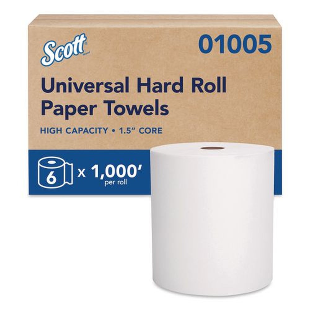 Scott 01005 8 in. x 1000 ft. 1.5 in. Core 1-Ply Essential High Capacity Hard Roll Towels - White (6 Rolls/Carton)