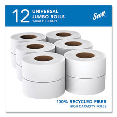 Scott 2-Ply 3.55 in. x 1000 ft. Septic Safe Essential 100% Recycled Fiber JRT Bathroom Tissue for Business - White (12/Carton)