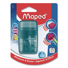 Maped Helix DUO 2-Hole Canister Pencil Sharpener/Eraser Combo, 3.74 x 1.08 x 4.92, Randomly Assorted Colors