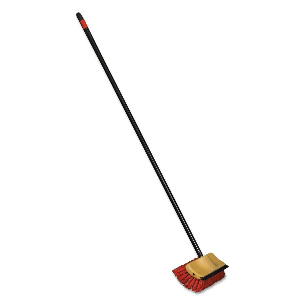 Nexstep Commercial Products 10 in. Bi-Level Floor Scrub Brush with 54 in. Handle - Red Polypropylene Bristles/Black Metal Handle
