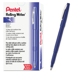 Pentel Rolling Writer Medium 0.8 millimeter Stick Rollerball Pen - Blue Ink/Barrel (1-Dozen)
