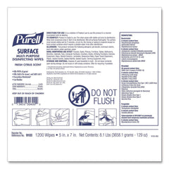 PURELL Surface Multi-Purpose Disinfecting Wipes, 1-Ply, 5 x 7, Fresh Citrus, White, 2/Carton