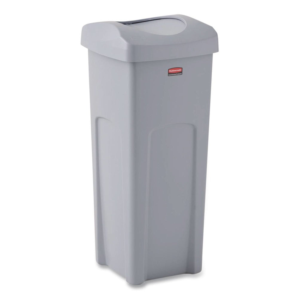 Rubbermaid Commercial Universal Square Trash Can with Swing Lid 23 gal Plastic Gray