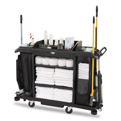 Rubbermaid Commercial 24.4 in. x 62.4 in. x 49 in. Full-Size 3-Shelf Resin Housekeeping Cart with Accessory Bundle - Black