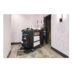 Rubbermaid Commercial 24.4 in. x 62.4 in. x 49 in. Full-Size 3-Shelf Resin Housekeeping Cart with Accessory Bundle - Black