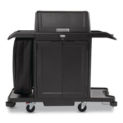 Rubbermaid Commercial 24.4 in. x 62.4 in. x 56.9 in. 4-Shelf Housekeeping Cart with Hood and Doors - Black