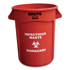 Rubbermaid Commercial Brute 32 gal (Infectious Waste: Biohazard) Imprint Plastic Vented Container - Round Red