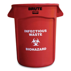 Rubbermaid Commercial Brute 32 gal (Infectious Waste: Biohazard) Imprint Plastic Vented Container - Round Red