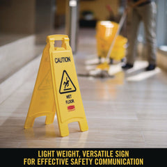 Rubbermaid Commercial 11 in. x 12 in. x 25 in. Caution Wet Floor Sign - Bright Yellow (6/Carton)