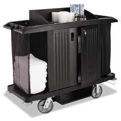 Rubbermaid Commercial 22 in. x 60 in. x 50 in. 2 Bins 3 Shelves Plastic Housekeeping Cart - Black