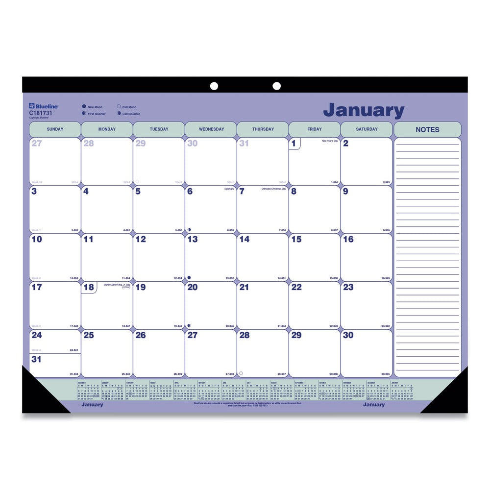 Blueline 12-Month (Jan to Dec): 2026 21.25 in. x 16 in. Monthly Desk Pad Calendar - White/Blue/Green Sheets, Black Binding/Corners
