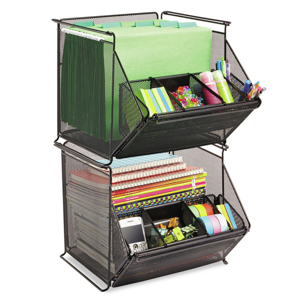 Safco 14 x 15.5 x 11.75 Onyx Stackable Steel Mesh 4-Compartment Storage Bin - Black