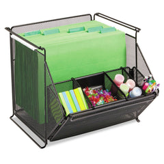 Safco 14 x 15.5 x 11.75 Onyx Stackable Steel Mesh 4-Compartment Storage Bin - Black