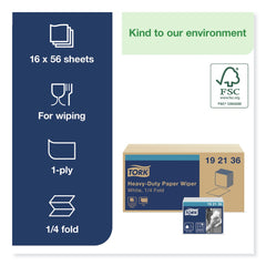 Tork 192136 1/4 Fold 1-Ply 12.5 in. x 13 in. Heavy-Duty Paper Wiper - White (16/Carton)