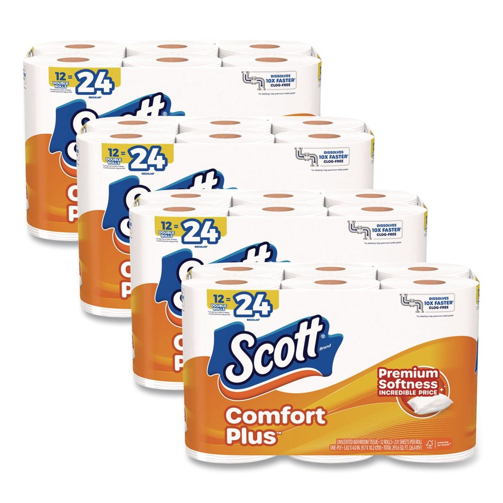 Scott 47618 ComfortPlus 1-Ply Septic Safe Toilet Paper Double Roll Bath Tissue - White (48/Carton)